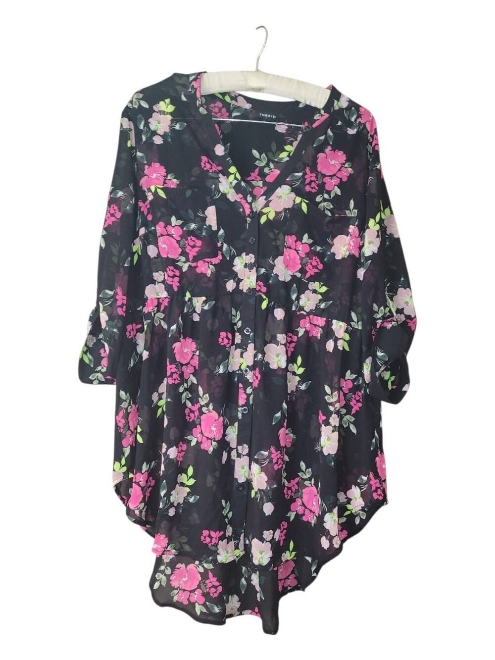 Torrid 0 Floral Semi Sheer Blouse 3/4 Length Sleeves 0X 1X L